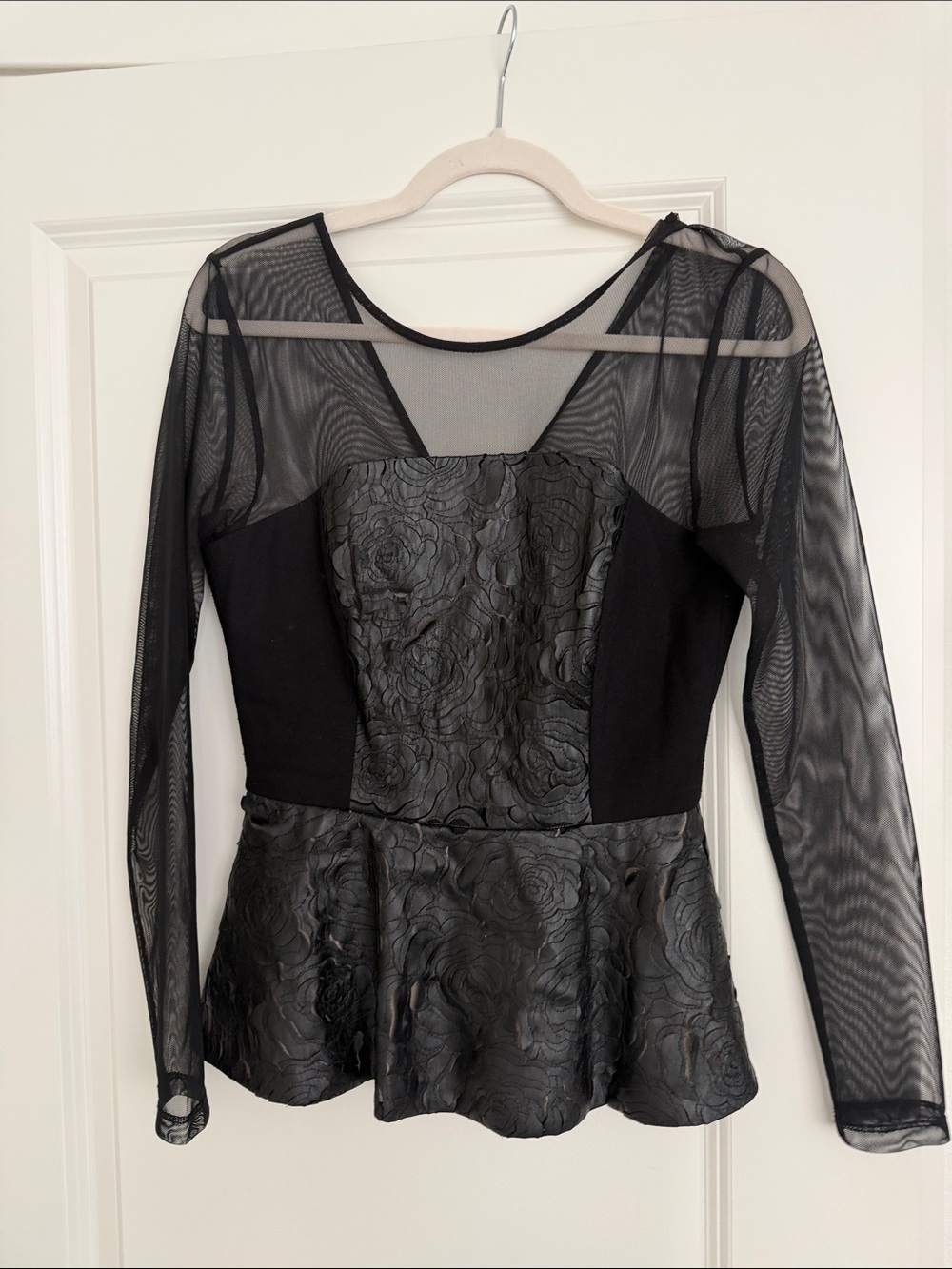Boston Proper Black Mesh & Floral-Texture Peplum Top